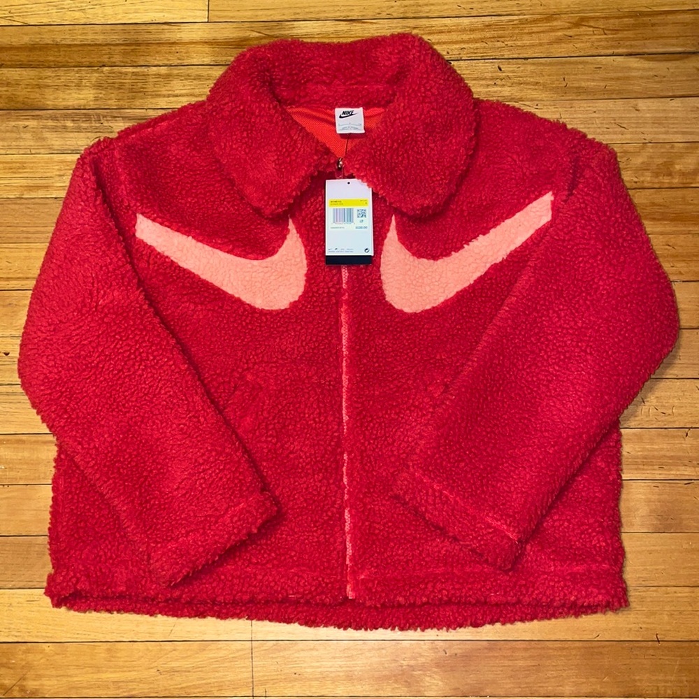 NWT NIKE WMNS SPORTSWEAR SWOOSH SHERPA ZIP JACKET LOBSTER CRIMSON